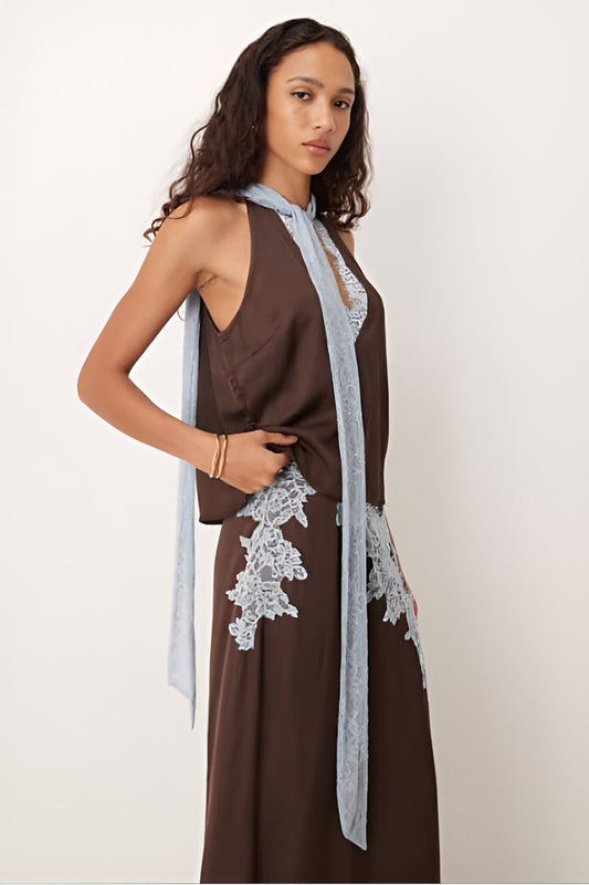 Contrast Lace Halter Neck Skirt Set
