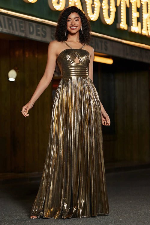 Metallic Pleated Halterneck Maxi Dress