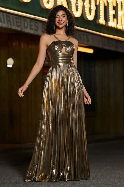 Metallic Pleated Halterneck Maxi Dress
